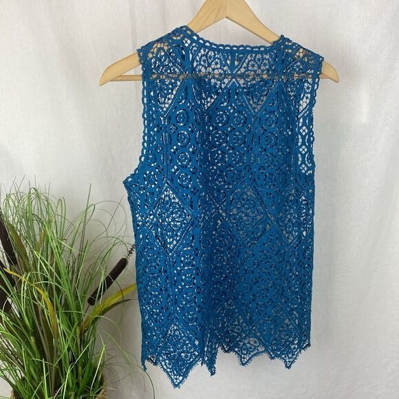 Anthropologie Deletta Blue Sheer Short Sleeve Crochet Lace Blouse Top S - Picture 3 of 7